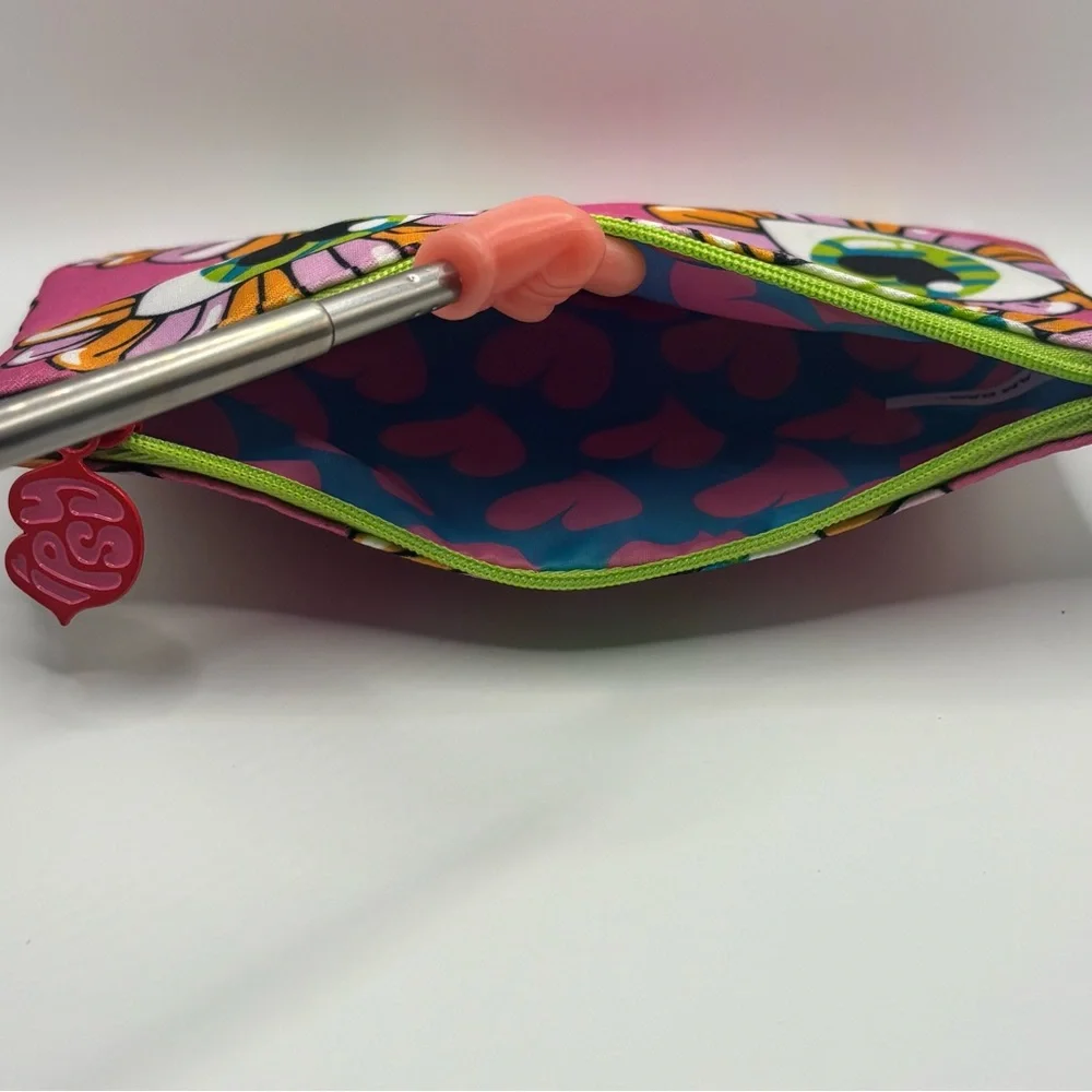 IPSY Pink Graphic Floral Eye Makeup Bag Neon Zipper NWOT